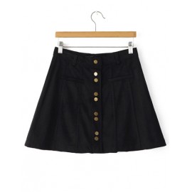 Retro Single-Breasted A-Line Suede Skirt in Black Size:S-M