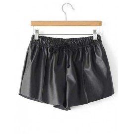 Loose Fit Drawstring Waistline Ruched PU Shorts in Black Size:M-L