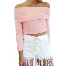 Seductive Off-Shoulder Pure Color Long Sleeve Cropped Tee in Pink
