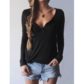 Seductive Deep V Neck Long Sleeve Tee in Solid Color