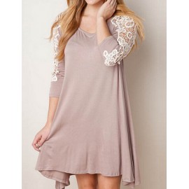 Casual Lace Panel Asymmetric Hem Dress in Round Neck