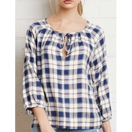 Refreshing Checked 3/4 Sleeve Top in Round Neck Size:S-L