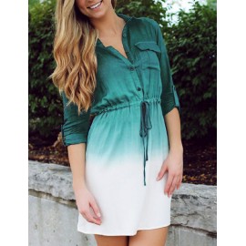 Leisure Ombre Color Patch Pocket Shirt Dress with Tabbed Sleeve