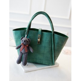 Twist Lock Strap Checked Pattern Tote Bag with Bear Ornament