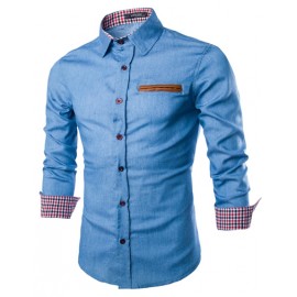 Casual Washed Denim Shirt with Checked Panel