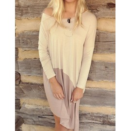 Leisure Long Sleeve Two Tone Day Dress with Round Neck