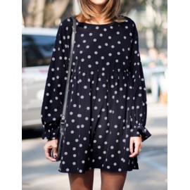 Babydoll Pleated Polka Dots Printed Chiffon Dress with Long Sleeve