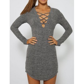 Sexy Deep V-Neck Sweater Dress in Zipper Back