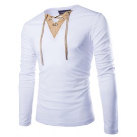 Pure Color Long Sleeve T-shirt with Sueded Lace Up V-Neck