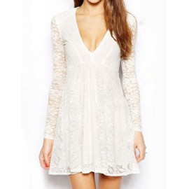 Seductive V Neck Long Sleeve Lace Dress in White