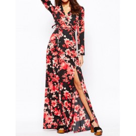 Elegant Long Sleeve V-Neck Floral Maxi Dress with Side Splitted