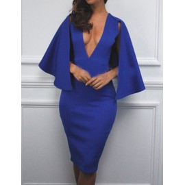 Graceful Deep V Neck Cape Sleeve Chiffon Party Dress in Blue