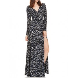 Celebrity V-Neck Leopard Printed Dress with High Split Side