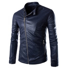 Moto Slanted Zip Trim PU Leather Jacket with Stand Collar