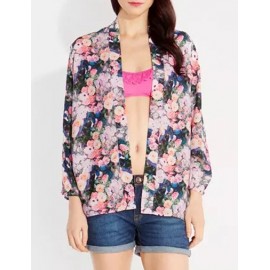 Pastoral Colorful Floral Printed Open Front Kimono with Long Sleeve Size:S-L
