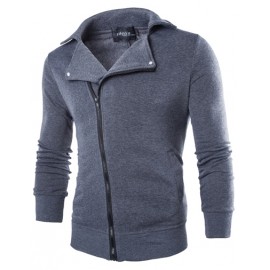 Slim Fit Oblique Zipper Turn-Over Collar Sweatshirt