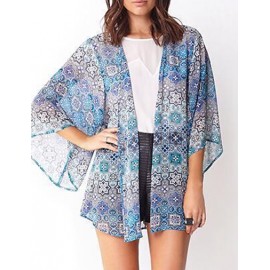 Dressy Snow Flake Printed Short Sleeve Chiffon Kimono in Color Block Size:S-L
