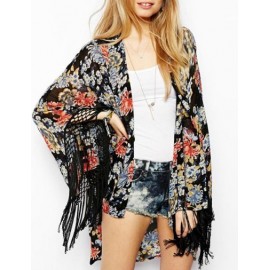 Trendsetting Floral Printed Tassel Hem Kimono with Open Front Size:S-L