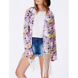 Bohemian Tassel Hem Colorful Floral Printed Kimono with Long Sleeve Size:S-L