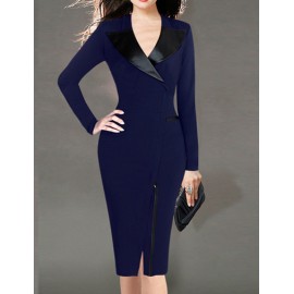 Official Lapel Collar Slanted Zip Front Bodycon Work Dress in Solid Color