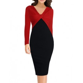 OL V-Neck Twist Knot Two Tone Work Dress with Long Sleeve