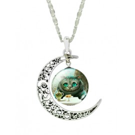 Naughty Smiling Cat Gem Ornament Necklace with Moon Cutwork