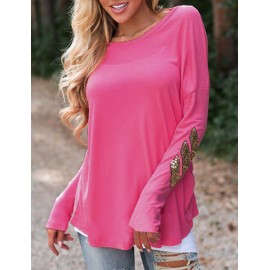 Simple Sequin Trim Long Sleeve Tee with Round Neck
