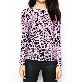 Classic Leopard Printed Crew Neck Sweater in Light Purple Size:S-XL