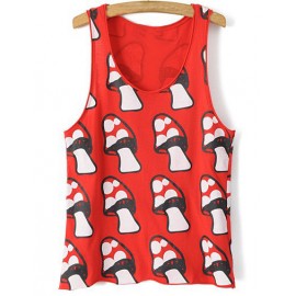 Lovely Scoop Neck Loose Tank Top with Mushroom Print