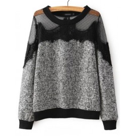 Sweet Mesh Panel Eyelash Trim Sweater in Two Tone Size:S-L