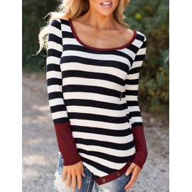 Simple Stripe Printed Button Trim Tee with Long Sleeve