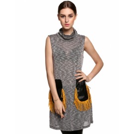 Finejo Women Fashion Casual Turtleneck Sleeveless Fringe Pockets Straight Sweater Tank Dress 