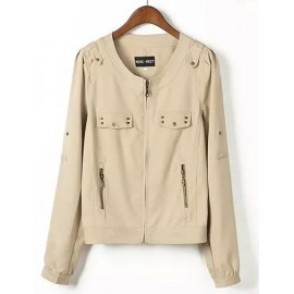 Concise Round Neck Pure Color Jacket with Stud Trim Size:S-L