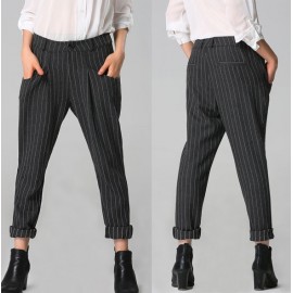 Stylish Lady Women Striped Full Length Pants Slim Casual OL Trousers Gray