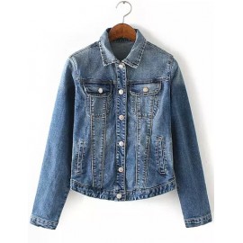 Retro Style Washed Denim Jacket with Turn Down Collar Size:S-L