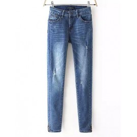 Cool Bleached Ripped Slinky Jeans in Zipper Trim Size:S-XL