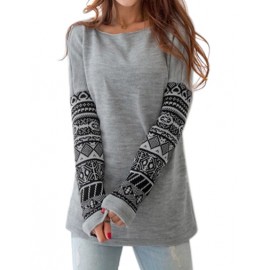 Folk Geometric Printed Long Sleeve Sweatshirt in Gray