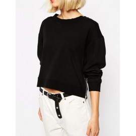 Casual Zipper Round Neck Crop Sweatshirt in Pure Color