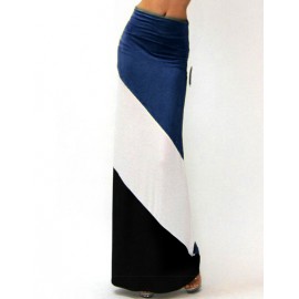 Street High Waist Color Block Maxi Skirt with Elastic Waist Size:S-L