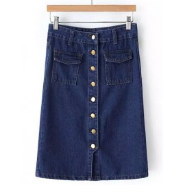 Street Single-Breasted Denim Skirt with Flap Pocket Size:S-L