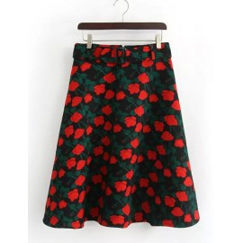 Lovely Floral Print Belted Flare Hem Skirt in High Waist Size:S-L