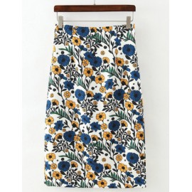 Mori Girl Floral Printed High Waist Bodycon Skirt with Tea Length Size:S-L