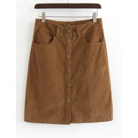 Vintage High-Waist Single-Breasted Corduroy Skirt in Khaki Size:S-L