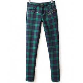 Trendy Plaid Casual Pants with Zippers Detail Size:S-XL