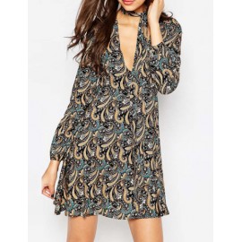 Retro Long Sleeve Paisley Printed Dress with Plunged V Neck