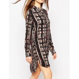 Vintage Style Long Sleeve Abstract Printed Shirt Dress with High-low Hem