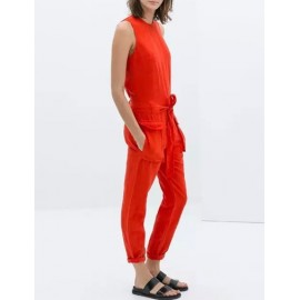 Unique Crew Neck Belted Sleeveless Jumpsuits in Flap Pockets Size:S-L