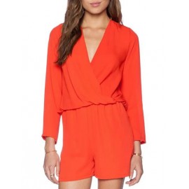 Sexy Wrap Trim Long Sleeve Playsuit in Pure Color Size:S-L