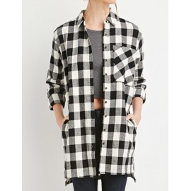 Classical Checked Patch Pocket Shirt in High Low Hem Size:M-XL