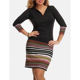 Relaxed Stripe Printed Color Panel Long Sleeve Dress in Black